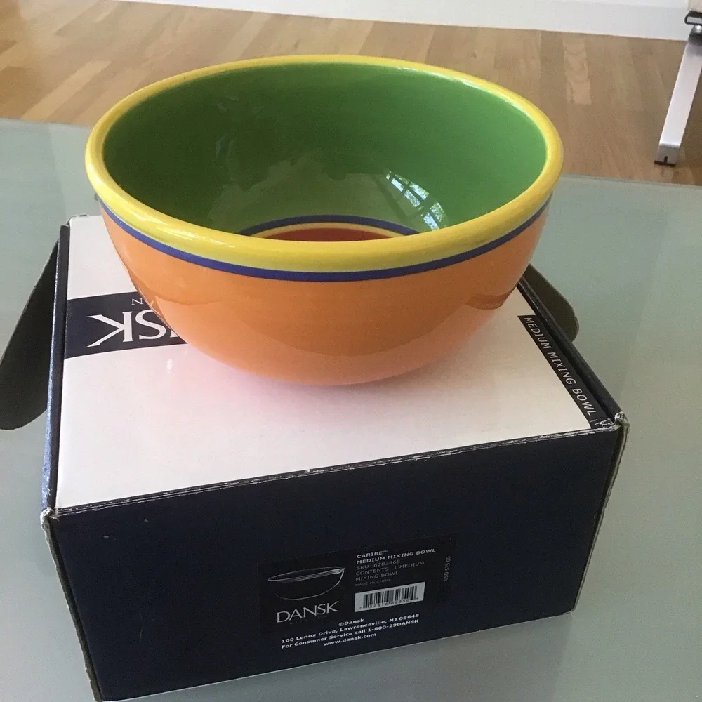 NEW NIB DANSK CARIBE Orange Handpainted Ceramic Medium Mixing Serving Bowl 8